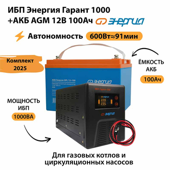ИБП для котла Энергия Гарант 1000 + Аккумулятор 100 Ач 12 В (600Вт - 91мин) - ИБП и АКБ - ИБП для котлов - Магазин электротехнических товаров Проф Ток